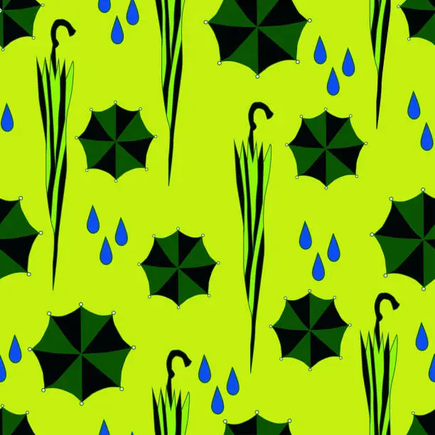 Vector illustration of folded cartoon green umbrella and drops seamless pattern on a yellow background