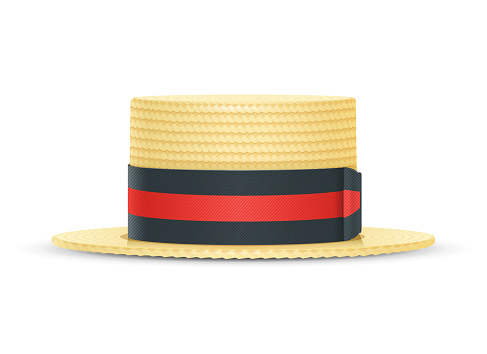 Vintage classic boater straw hat. Stylish cylinder headgear for gentleman. Retro wear accessory. Male fashion. Trendy clothes. Isolated white background. Eps10 vector illustration.