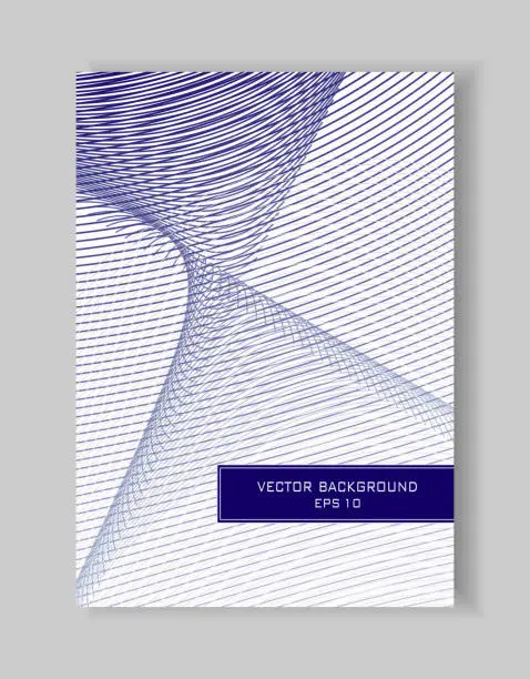 Vector illustration of Modern cover layout. Dark blue, gray curves. Technology line art pattern. White background. Abstract vector template A4 with text box for book, brochure, poster, flyer, portfolio, leaflet, annual report. EPS10 illustration