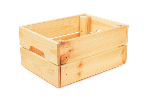 Empty wooden crate box isolated on white background