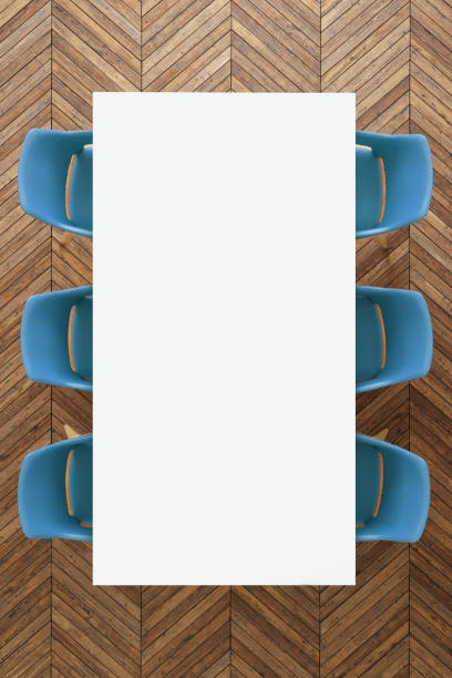istock Top view of a clean blank table top with chairs around 1132339833