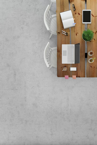 istock Top view at large team office desk 1132340201