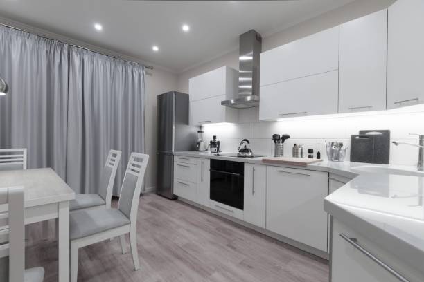 Interior. Kitchen modern, white, gray, beige color