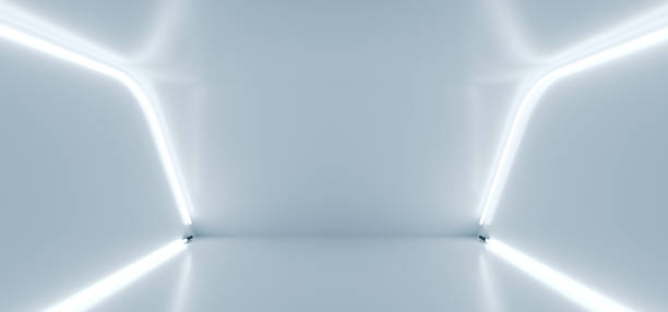 istock Bright Studio Neon Glowing White Blue Reflective Sci Fi Futuristic Modern Elegant Stage Podium Show Room Dance Empty Space 3D Rendering 1132345094