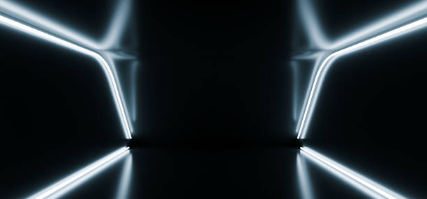istock Dark Studio Neon Glowing White Blue Reflective Sci Fi Futuristic Modern Elegant Stage Podium Show Room Dance Empty Space 3D Rendering 1132345121
