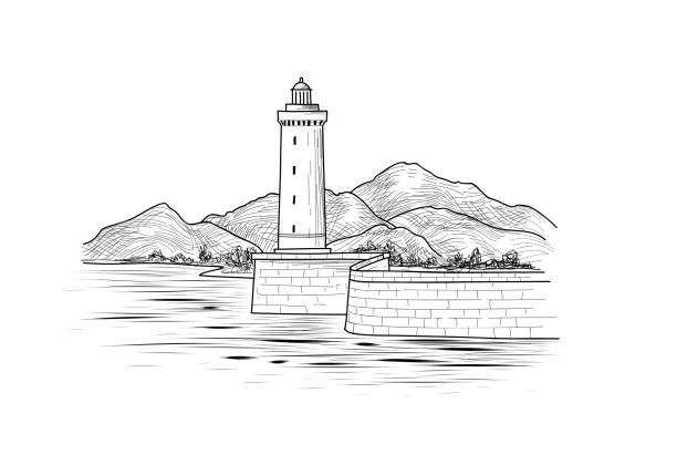 Lighthouse seaside view. Hand drawn seascape. Landscape sketch with lighthouse tower, sea and mountains Lighthouse seaside view. Hand drawn seascape with beacon. Landscape sketch with lighthouse tower, sea and mountains lighthouse drawings stock illustrations
