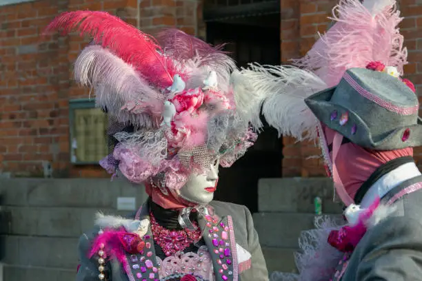 models disguised in venetian carnival costumes are posing near Il Campanile tower,,she is wearing a beautiful pink dress,beautifully decorated with red roses,a gorgeous hat dight with feathers and flowers,he is wearing a jacket dight with roses ,silver mask and feathers on the top of the head,she is holding a decorated mirror and he is holding a baston also decorated with flowers .