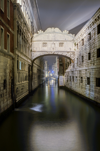 Rio di Palazzo (aka narrow canal), between the Palace of Doge and the prisons. The famous Bridge of Sighs spans the canal. Venice ,Italy.