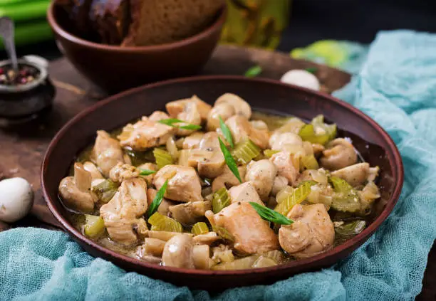 Delicate chicken fillet pieces with mushrooms and celery stewed in light beer