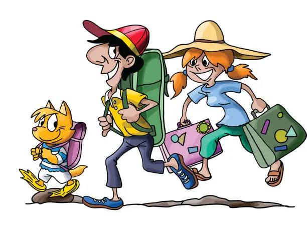 Vector illustration of Cartoon family going on a vacation with their cat vector illustration