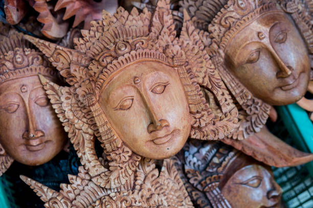 traditional wooden carved balinese masks - ogoh imagens e fotografias de stock