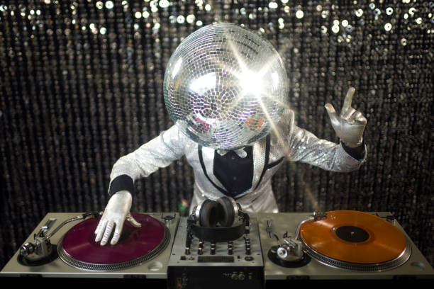 mr discoball djing mr discoball. a super cool disco club character djing at a party vintage of burlesque dancers stock pictures, royalty-free photos & images