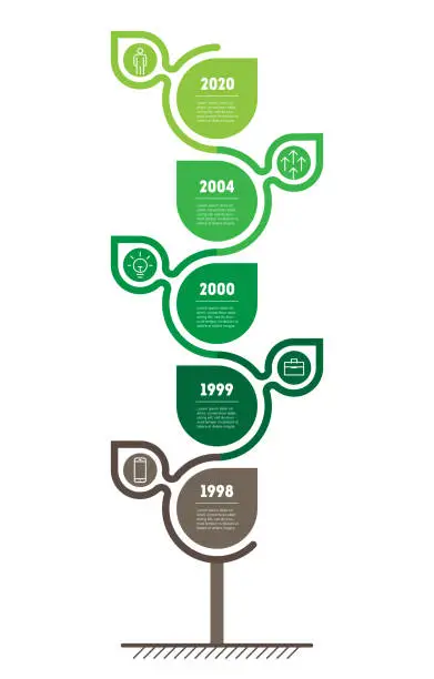 Vector illustration of Vertical Time line infographics. The sustainable development and growth of the eco business. Timeline of scientific research. Green Business concept with 5 options, parts, steps or points.