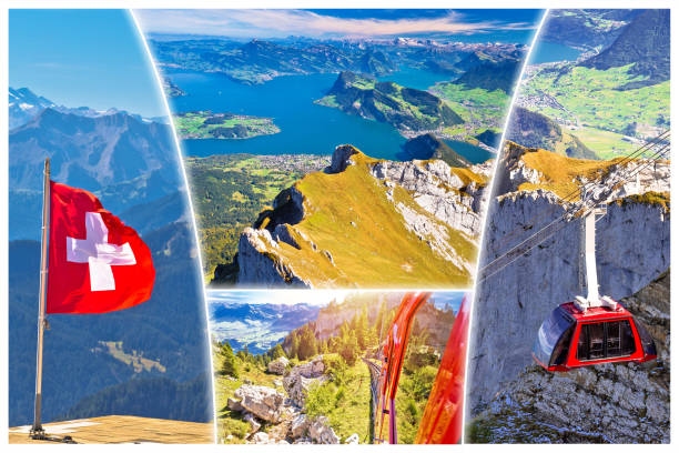 Pilatus mountain peak and Lucerne lake postcard collage view Pilatus mountain peak and Lucerne lake postcard collage view, alpine peak in Switzerland lucerne switzerland stock pictures, royalty-free photos & images