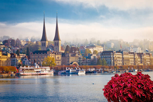 istock Idyllic Swiss town and lake Lucerne waterfront view 1132354689