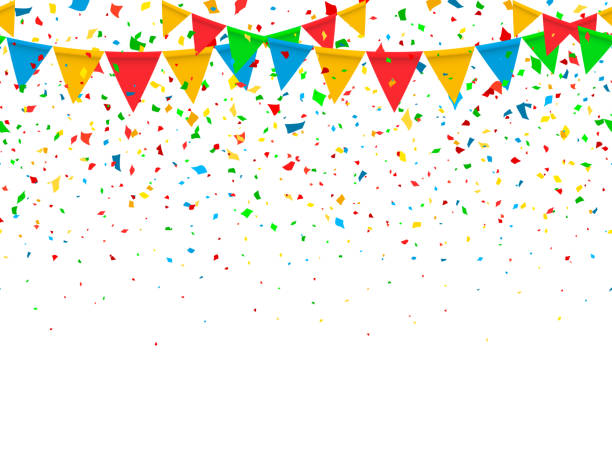 Seamless pattern festive flags and confetti Seamless pattern colorful flags garland and confetti. Carnival garland with pennants for birthday celebration, festival and fair decoration. Colorful confetti falling on a white background. Vector bunting stock illustrations