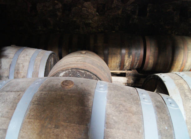 istock Distillery, Whiskey or Rum Barrels in Cellar, Alcohol industry 1132357480