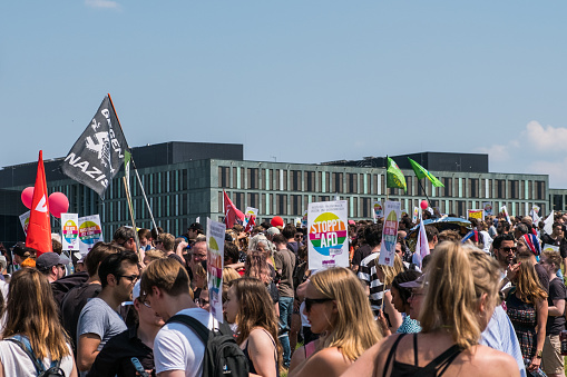 Berlin, Germany - may 27, 2018: Counter-protest against the demonstration of the AFD / Alternative for Germany (German: Alternative fÃ¼r Deutschland, AfD), a right-wing to far-right political party in Germany.