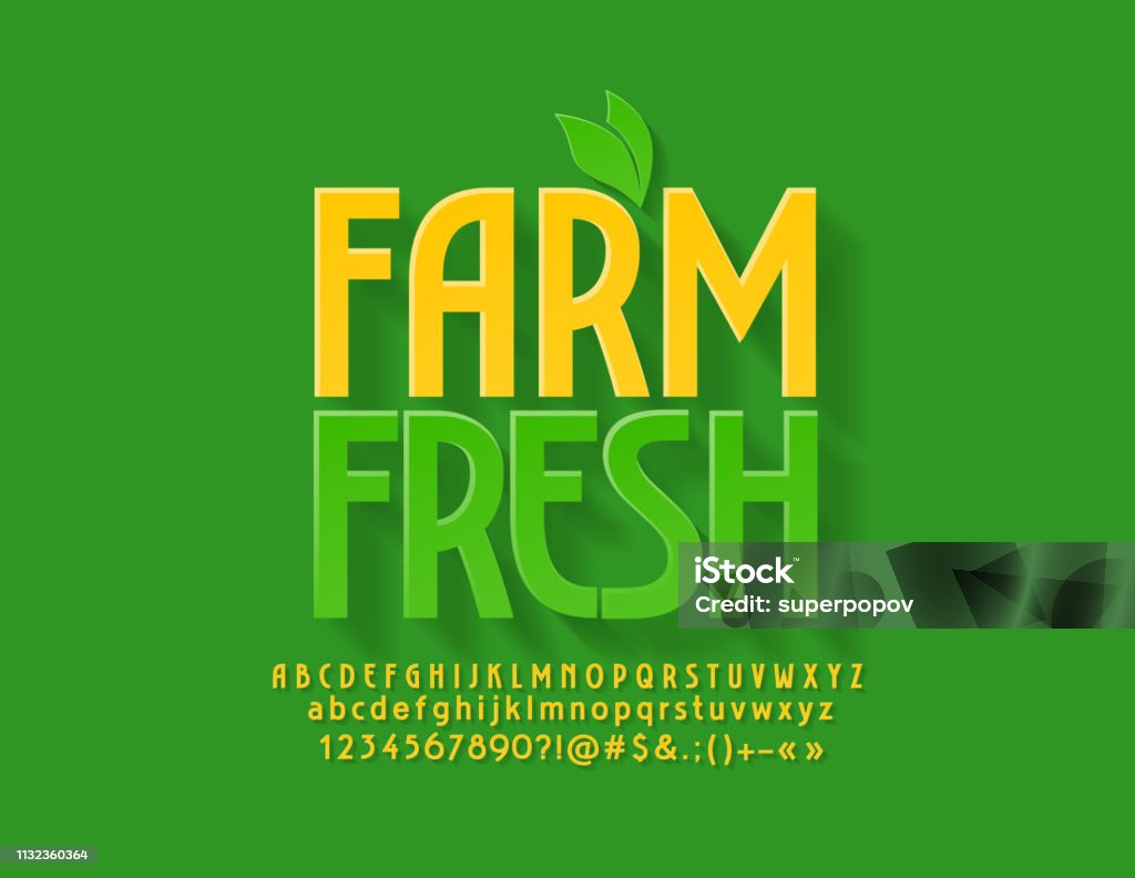 Vector green emblem Farm Fresh with decorative leaves. Bright Alphabet Letters, Numbers and Symbols - Royalty-free Texto datilografado arte vetorial