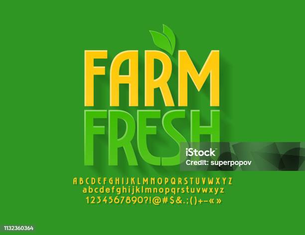 Vector Green Emblem Farm Fresh With Decorative Leaves Bright Alphabet Letters Numbers And Symbols - Arte vetorial de stock e mais imagens de Texto datilografado