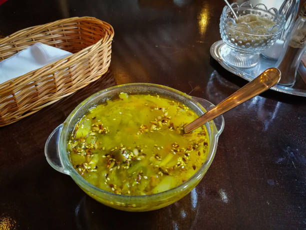 hot vegetarian soup in a vegan restaurant