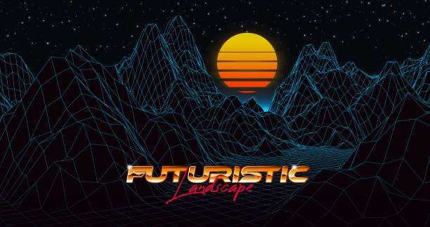 illustrazioni stock, clip art, cartoni animati e icone di tendenza di sfondo synthwave astratto completato in stile retrò. - 1980s style image created 1980s 80 plus years music