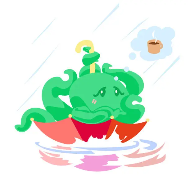 Vector illustration of Cute cartoon octopus character in umbrella under rain dreaming about warm and coffee