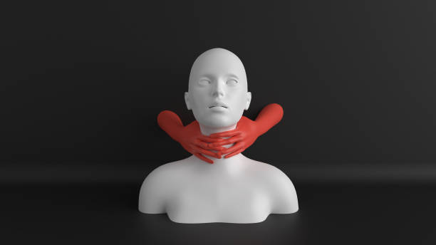 흰색 여성 마네킹 목에 빨간 손으로 머리. 목 또는 목 통증 개념입니다. 폭력 그림입니다. 미니 멀 추상적 인 3d 렌더링. - choking 뉴스 사진 이미지