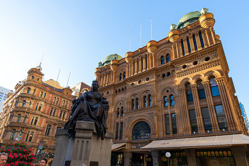 Sydney, Australia - February 7, 2019: Queen Victoria Building front view with statue.