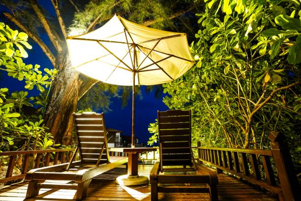 istock A white parasol and two beach chair under palm trees 1132374248