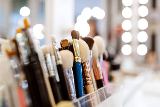 istock Close up of makeup brushes on desk. Selective focus on brushes. 1132374274
