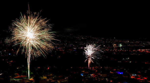 istock Fantastic fireworks over a city by night 1132377324