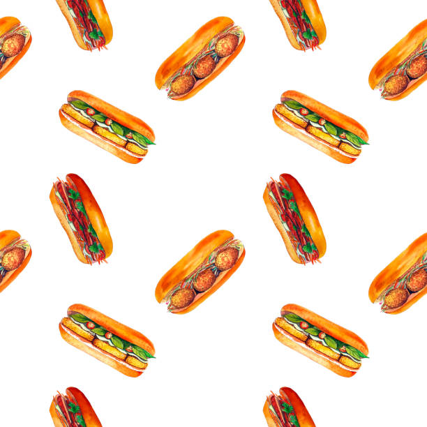 ilustraciones, im�ágenes clip art, dibujos animados e iconos de stock de patrón de acuarela sándwich sin costura, aislado sobre fondo blanco. - sandwich ham white background lunch