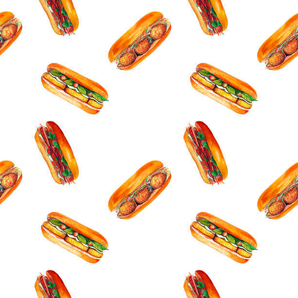 수채화 샌드위치 완벽 한 패턴, 흰색 배경에 고립. - sandwich ham white background lunch stock illustrations