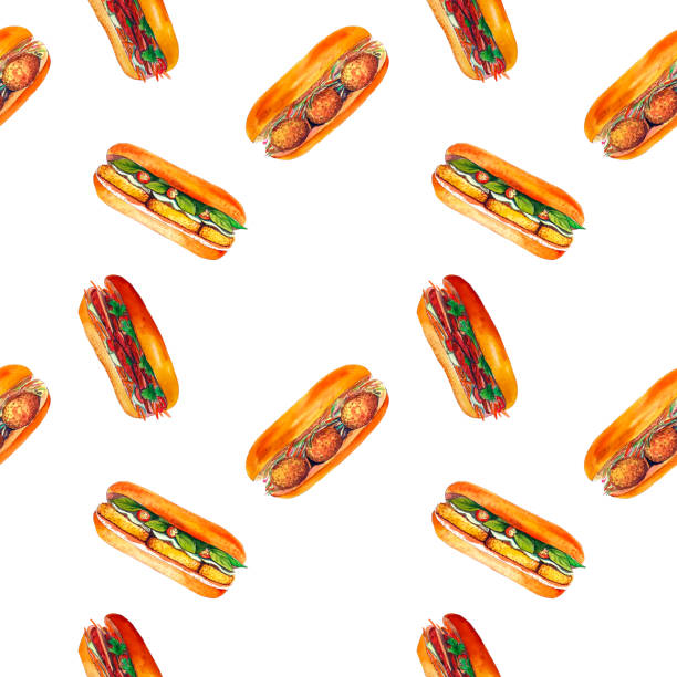Watercolor sandwich seamless pattern, isolated on white background. Watercolor sandwich seamless pattern, isolated on white background. Vietnamese crusty fast food banh mi. Hand drawn asian snack with bread, meat, meatballs, cilantro, tofu, cucumber, carrot, pepper. shredded chicken stock illustrations