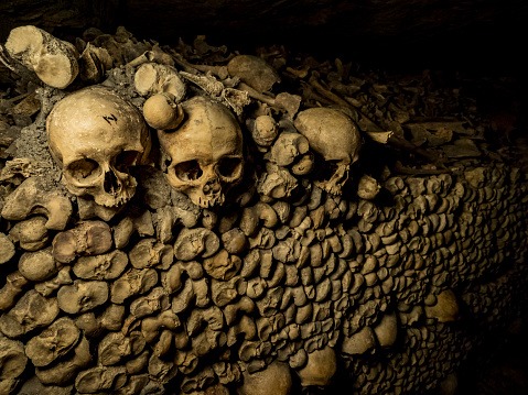 Skulls in the Catacombs of Paris, France.