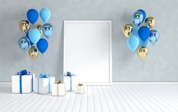 istock 3d render interior with realistic gold and blue balloons, mock up poster in the room. Empty space for party, promotion social media banners, posters. 1132380743