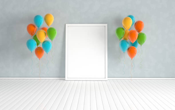 istock 3d render interior with realistic colorful balloons, mock up poster in the room. Empty space for party, promotion social media banners, posters. 1132380746