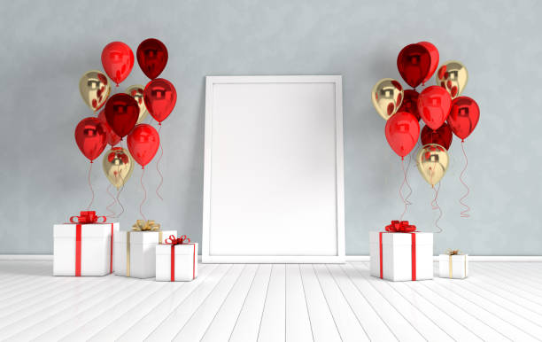 istock 3d render interior with realistic gold and red balloons, gift box with ribbon mock up poster in the room. Empty space for party, promotion social media banners, posters. 1132380751
