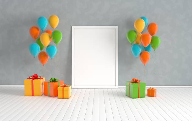 istock 3d render interior with realistic colorful balloons, gift box with ribbon mock up poster in the room. Empty space for party, promotion social media banners, posters. 1132380752