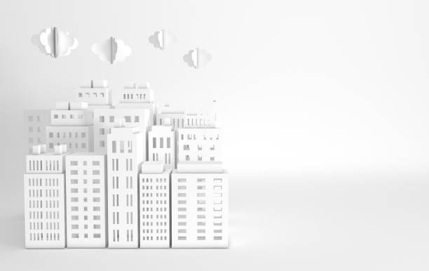 istock White paper skyscrapers and clouds. Achitectural building in panoramic view. Modern city skyline building industrial paper art landscape skyscraper offices. 3d rendering illustration 1132380756