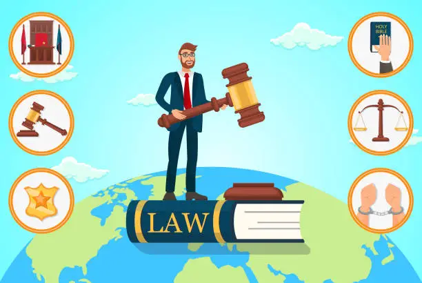 Vector illustration of Vector Flat Illustration Lawyer Relies on Law.