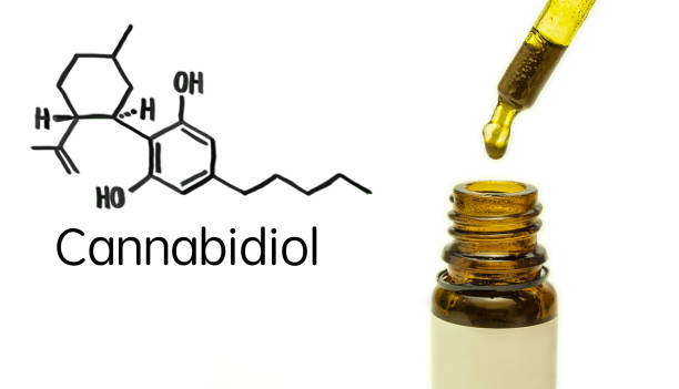 istock Cannabidiol CBD oil with molecule chain on white 1132384758