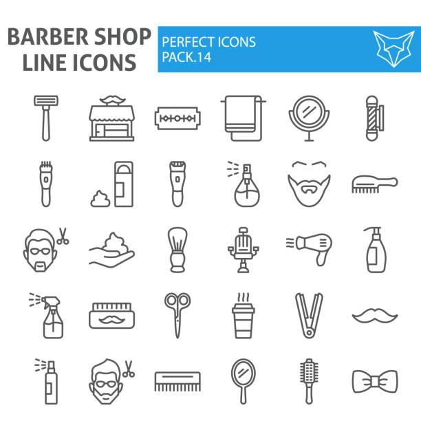 barber shop line-icon set, friseursymbole sammlung, vektorskizzen, logo-illustrationen, haarpflege-zeichen lineare piktogramme paket isoliert auf weißem hintergrund. - rasieren stock-grafiken, -clipart, -cartoons und -symbole
