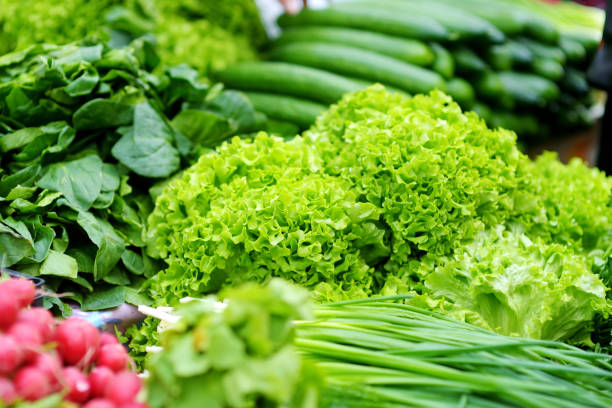 haufen bio-salat auf bauernmarkt verkauft - blattgemüse stock-fotos und bilder