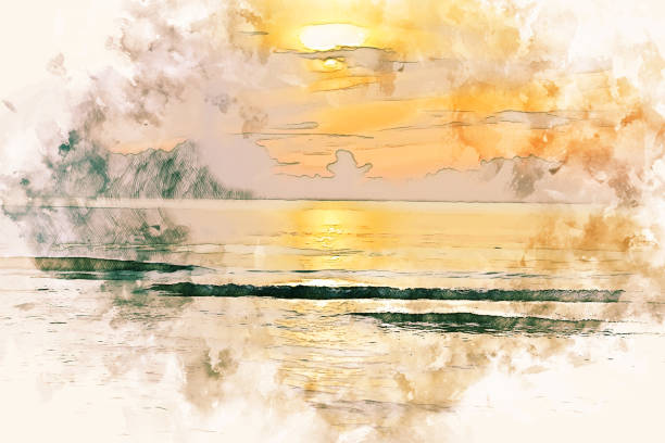 istock Abstract soft wave and sunrise on watercolor illustration painting background. 1132391299