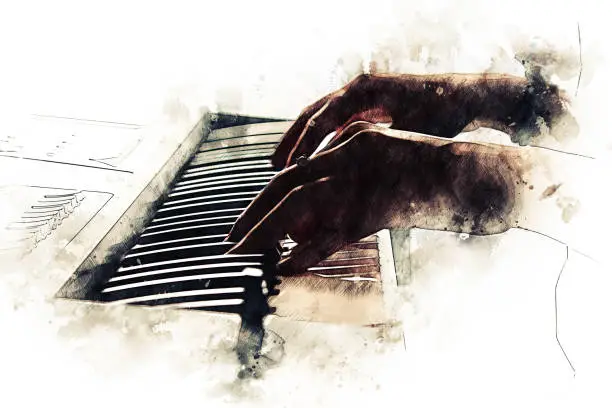 Photo of Abstract hand playing piano keyboard watercolor illustration painting background.