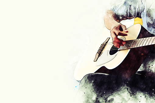 Abstract man playing acoustic guitar on watercolor illustration paintings  background .