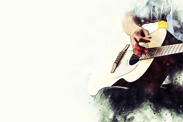 Abstract man playing acoustic guitar on watercolor illustration paintings  background . stock photo