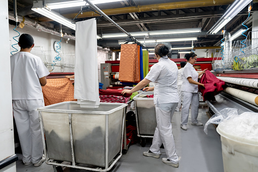 Group of people working at an industrial dry cleaning service - Business industry concepts